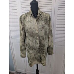 Beverly Rose USA Vtg Shirt Women's L Green Abstract Artsy Retro Button Down Top